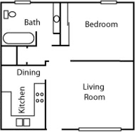Floor plan for 1 bed, 1 bath, 650 sqft